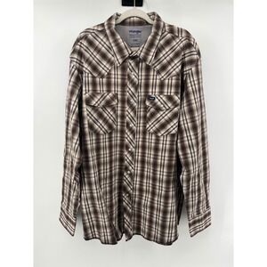 Wrangler Mens XXL Brown Plaid Advanced Comfort Western Pearl Snap Shirt